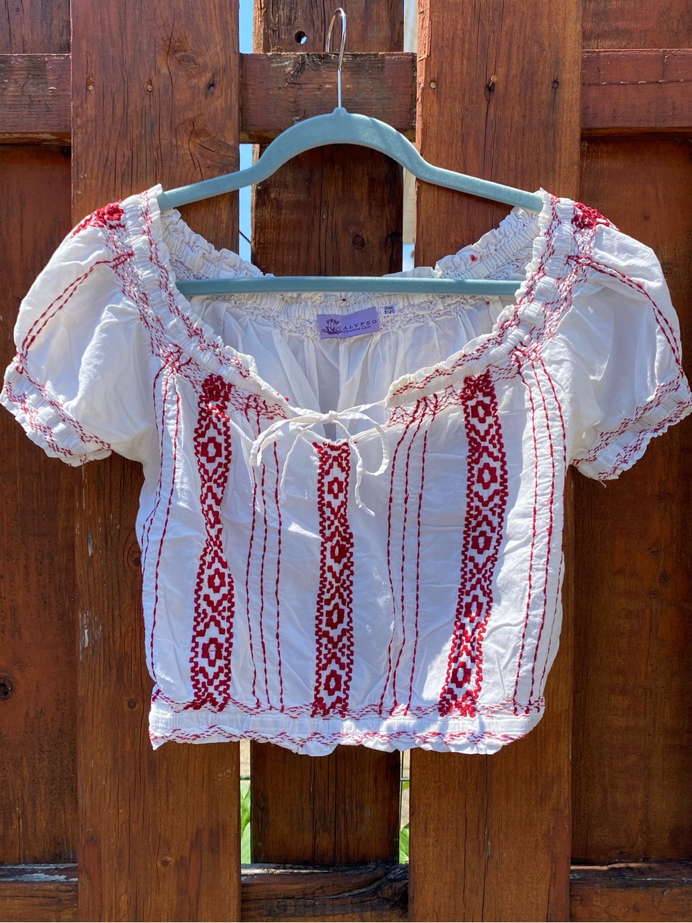 Calypso Boho Embroidered White Peasant Top with Red Trim Cotton Size S/M